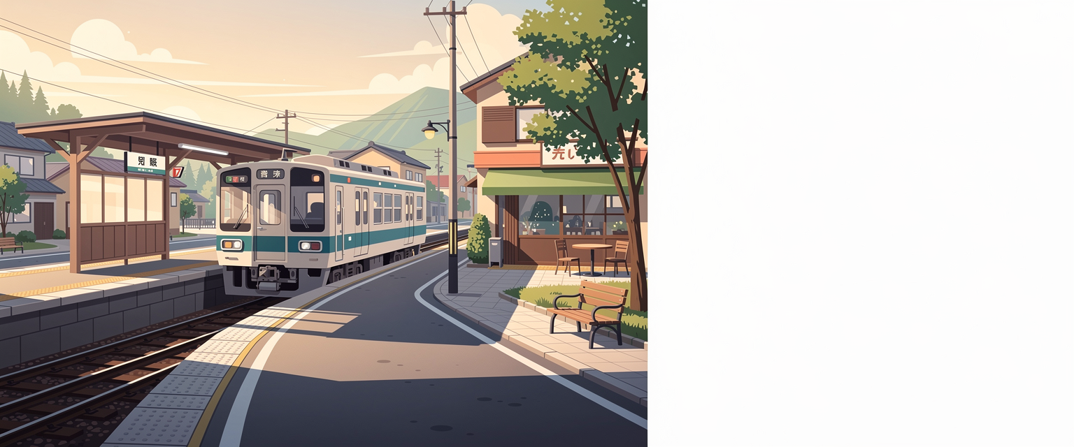 Ilustrasi postcard jepang dari stasiun kecil dan jalan tenang untuk JP880 dengan tema postcard Jepang berisi rute tenang, stasiun kecil, taman, kafe, dan detail perjalanan visual.