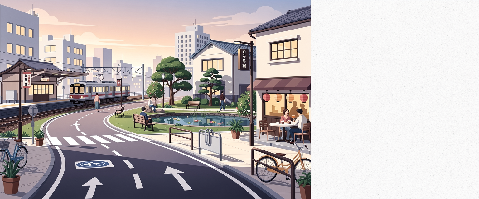 Ilustrasi rute tenang untuk melihat detail kota untuk JP880 dengan tema postcard Jepang berisi rute tenang, stasiun kecil, taman, kafe, dan detail perjalanan visual.